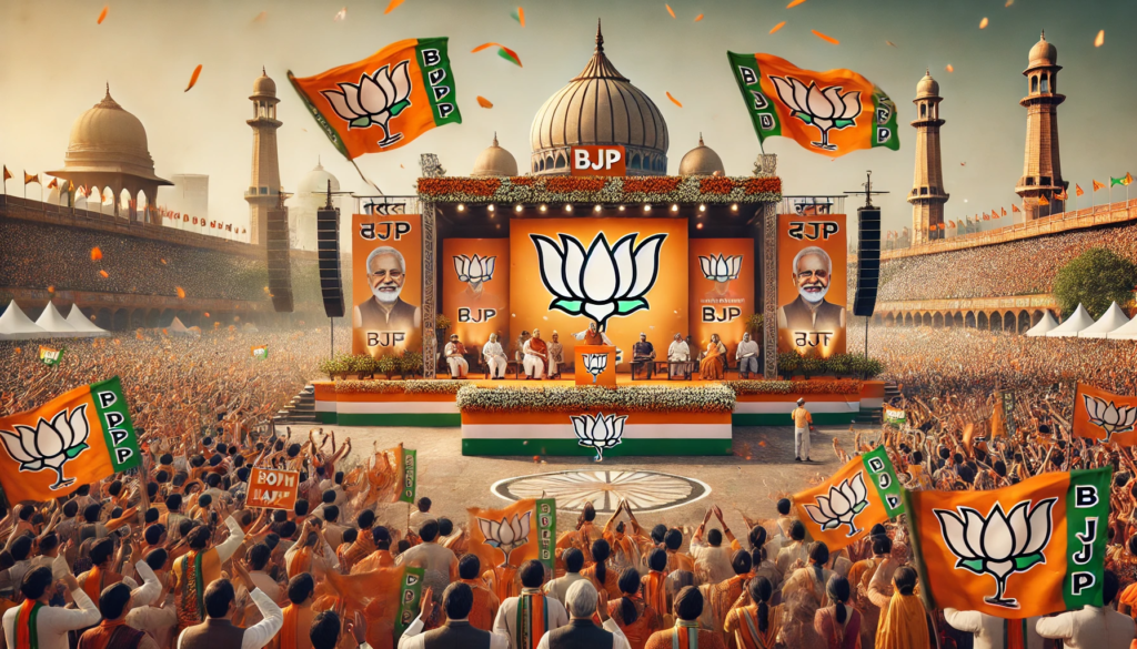 A massive crowd of enthusiastic BJP supporters waving saffron flags with the party’s lotus symbol. A grand stage in the background features key BJP leaders delivering speeches, with banners highlighting government initiatives. The setting is an outdoor public space filled with vibrant nationalistic energy