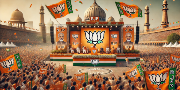 A massive crowd of enthusiastic BJP supporters waving saffron flags with the party’s lotus symbol. A grand stage in the background features key BJP leaders delivering speeches, with banners highlighting government initiatives. The setting is an outdoor public space filled with vibrant nationalistic energy