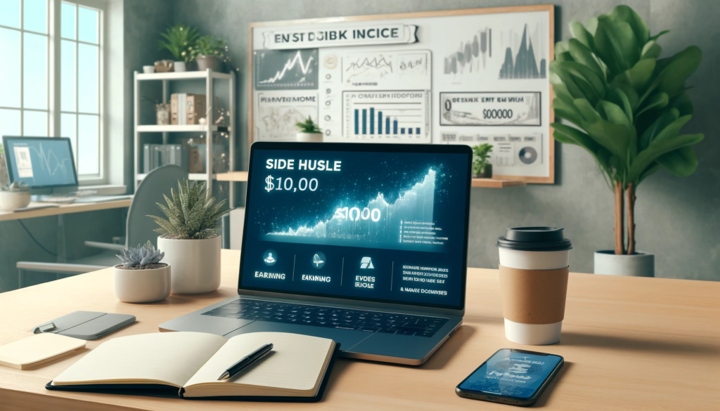 How Made Money in a Month—And How You Can Too - A Step-by-Step Guide 2 A modern workspace featuring a laptop displaying a finance dashboard with $10,000 earnings, a coffee cup, notebook, and smartphone with side hustle notifications. A whiteboard with passive income ideas and graphs is visible in the background.
