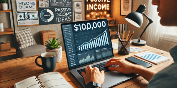 A person working on a laptop in a cozy home office, reviewing financial charts displaying $10,000 earnings. The desk includes a coffee mug, planner, and smartphone with income notifications. A vision board with financial goals and passive income ideas is visible in the background, creating an inspiring and productive atmosphere.