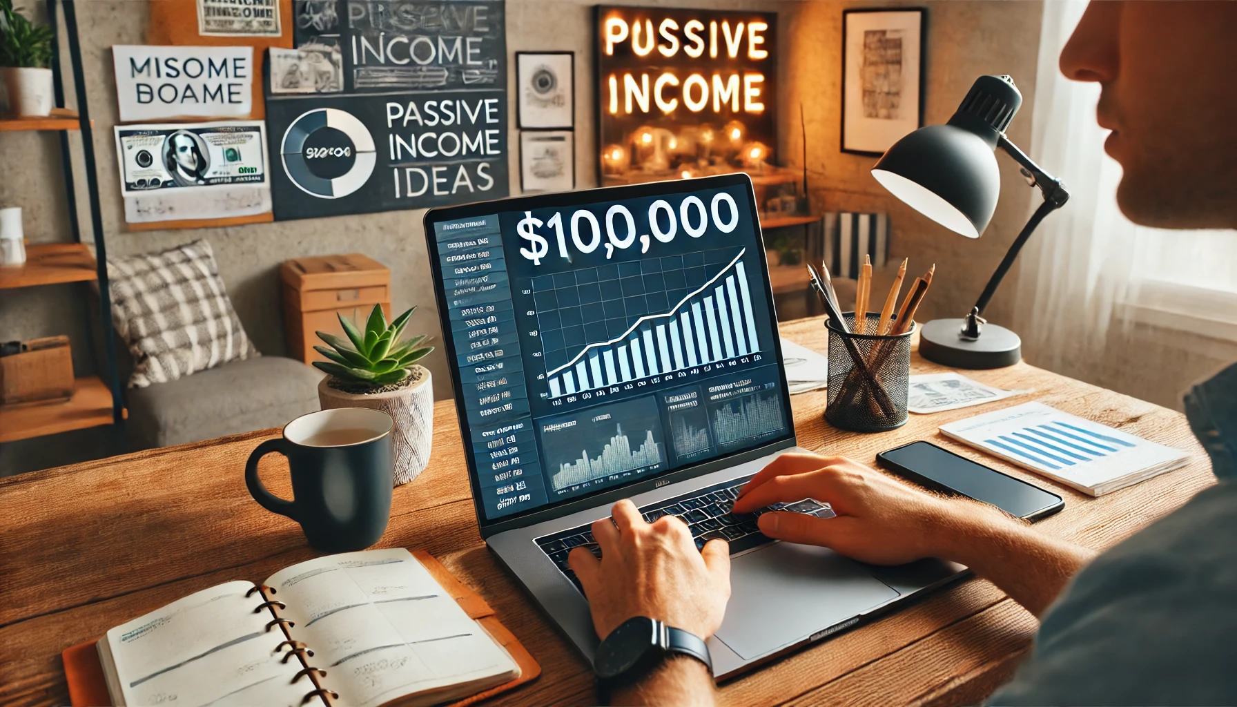 A person working on a laptop in a cozy home office, reviewing financial charts displaying $10,000 earnings. The desk includes a coffee mug, planner, and smartphone with income notifications. A vision board with financial goals and passive income ideas is visible in the background, creating an inspiring and productive atmosphere.